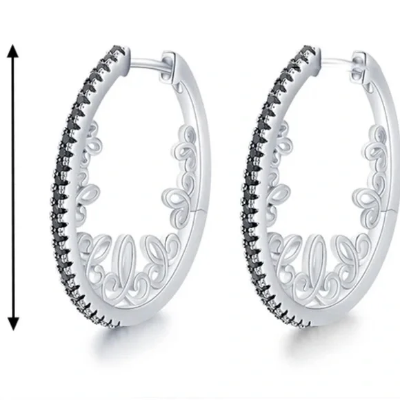 Silver Patterned Black Zircon Oval Hoop Earrings - Picture 6 of 7